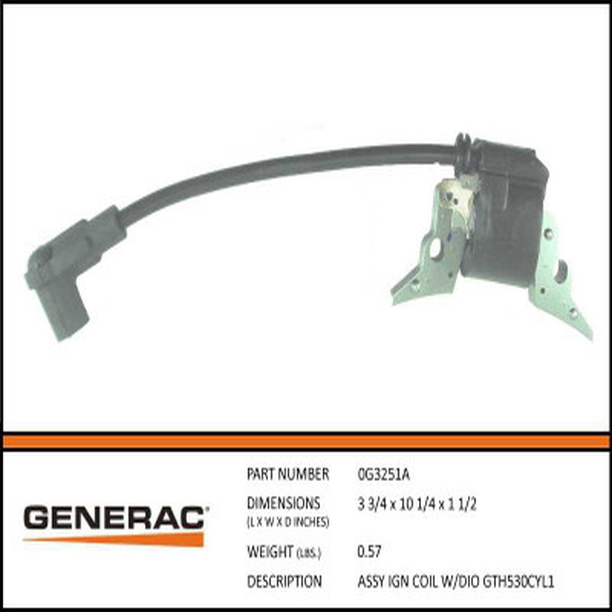 Generac 0G3251TA Ignition Coil W/Dio Gth530 Cylinder Assembly