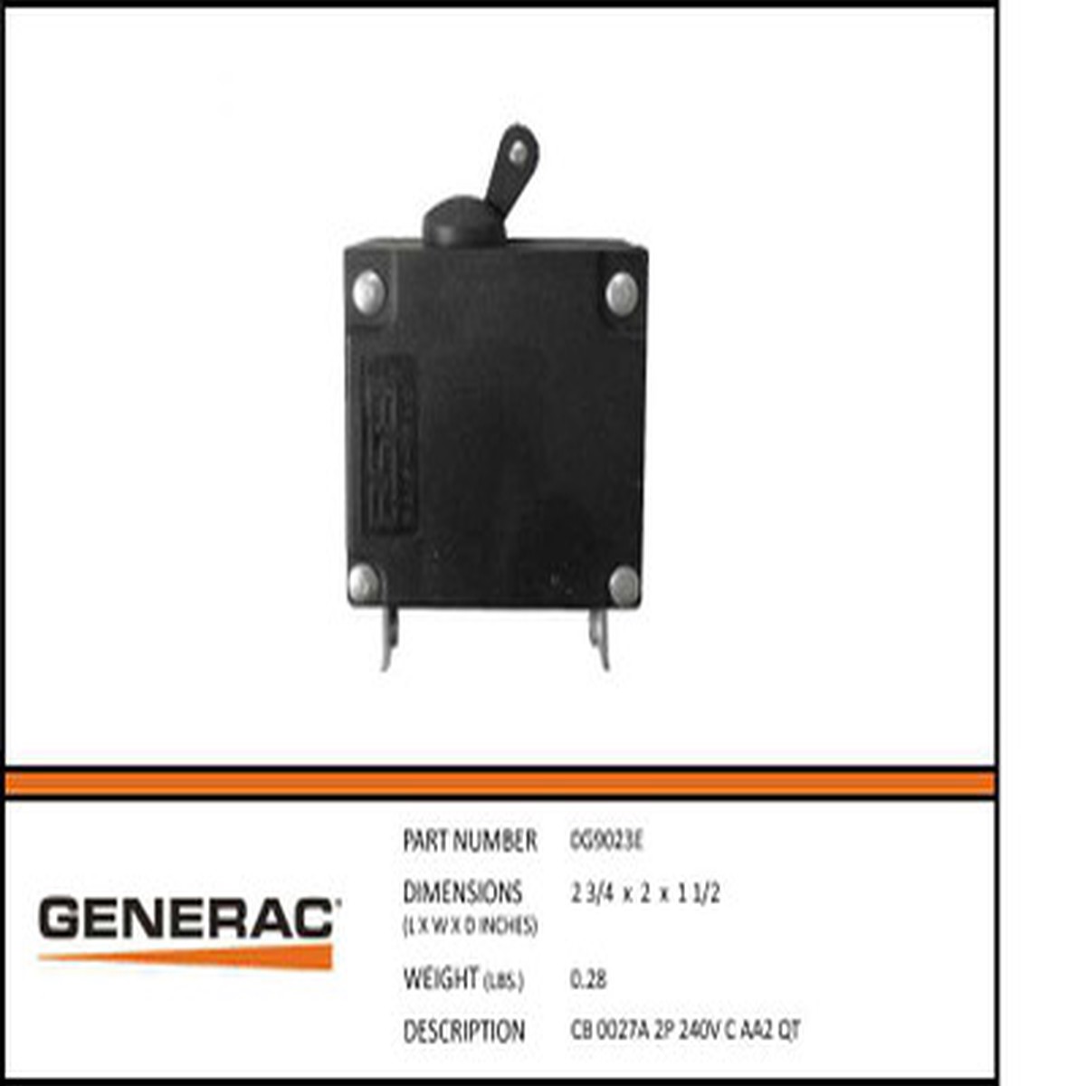Generac 0G9023E 27A Circuit Breaker 2 Pole 240V